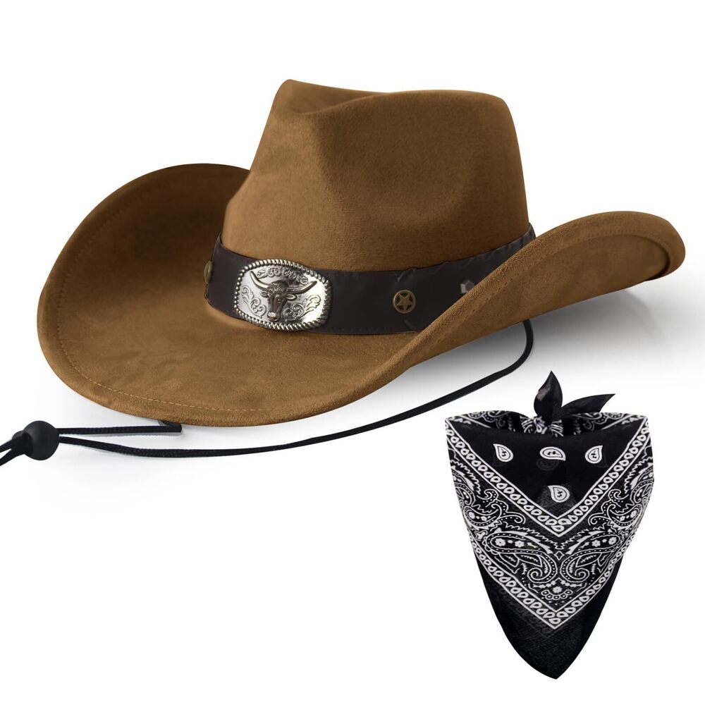 4764 Cowboy Hat with Bandana Set - Adjustable Wide Brim Western Hat &
